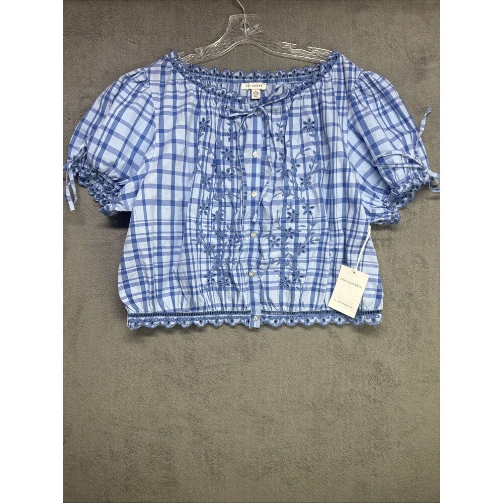 Free Assembly NWT Blue Gingham Embroidered Peasant Blouse XL (16-18) Cottagecore